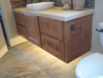 Light colored oak wooden bathroom vanity