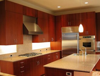 Modern kitchen with cherry wooden cabinets